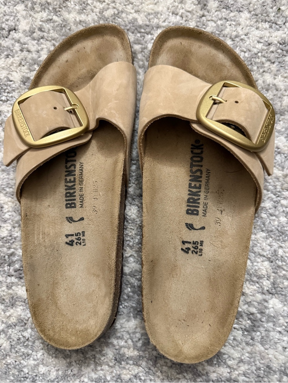 Birkenstock Single Buckle Slide Sandals in Beige with Gold Buckles